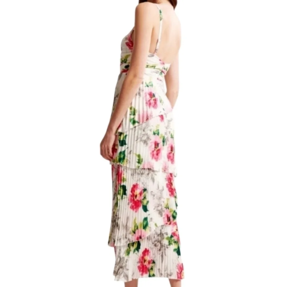 Abercrombie & Fitch Giselle Pleated Tiered Maxi Dress Satin White Floral Sz LP